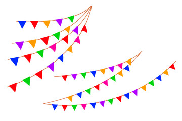 Party buntings garlands isolated on white background. Hanging summer garland for kids. Red and yellow flags. Vector illustration