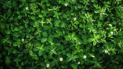 Obraz premium A lush bed of green clover with small white flowers, showcasing vibrant leaves and the diversity of a healthy ground-cover ecosystem in sunlight.