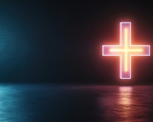 Obraz premium A glowing neon cross illuminated in dark space, creating a vibrant and modern atmosphere with a reflective surface.