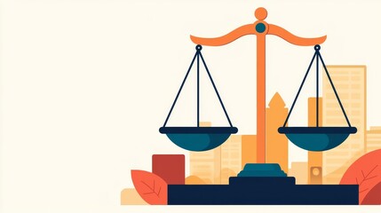 Scales of justice with ethical symbols, representing balanced morality, flat design illustration