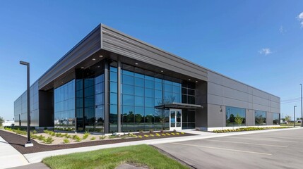 Modern building in aluminum siding and flat angled roofline and front windows.