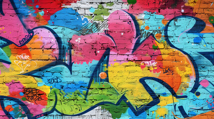 Bright and colorful graffiti on a brick wall The graffiti is made up of various colors and shapes, bright, colorful, graffiti, brick wall, urban art, street art, vibrant, multicolored, bold, shapes