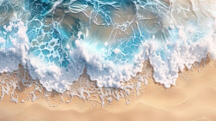 Aerial view of foamy ocean waves washing onto a sandy beach, displaying a beautiful natural interaction between sea water and the shore.