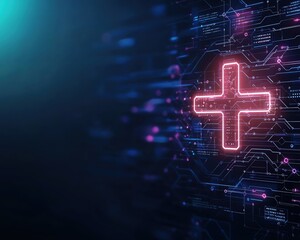 Futuristic digital background featuring a glowing plus symbol, representing technology, health, and innovation in vibrant colors.