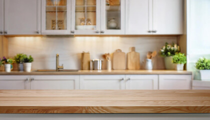 Background blurred of a beautiful and bright kitchen with wooden desk for objects