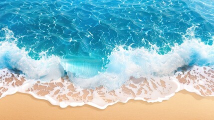 Gentle waves lapping on a sandy beach, showing the transition from the clear turquoise ocean to the soft, sun-kissed shore.