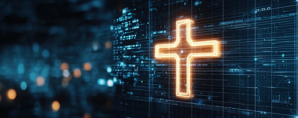 Illuminated cross symbol on a digital background, representing technology and faith in a modern context.