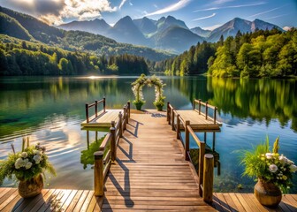 Serene wooden pier extends over calm lake waters, surrounded by lush greenery and majestic mountains, creating a breathtakingly romantic setting for an intimate wedding ceremony.