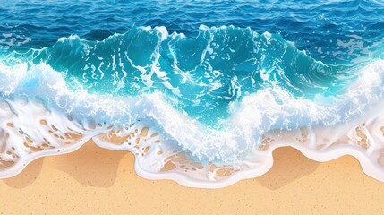 Obraz premium The image displays a beautiful, clear blue ocean wave cresting and foaming as it approaches a sandy beach, capturing the essence of coastal serenity.
