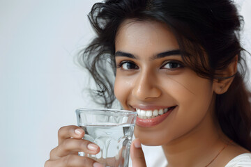Indian Woman drinking tap water from glass isolated on white