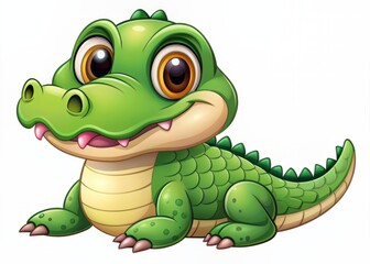 Naklejka premium Adorable smiling crocodile cartoon character isolated on a pure white background, bright green scales and big eyes, perfect for kids and children designs.