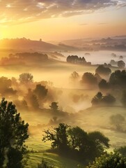 Obraz premium Stunning sunrise landscape over foggy English countryside 