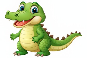 Obraz premium Adorable cartoon crocodile with bright green scales and big smile stands upright on flat white background, perfect for children's designs and playful illustrations.