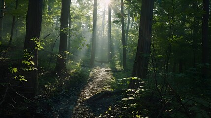 Obraz premium Sunlight filtering through a dense woodland trail