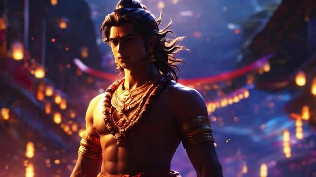 Hindu god lord Ram, younger version with six-pack abs in Mahabharata with cinematic scene Generative AI