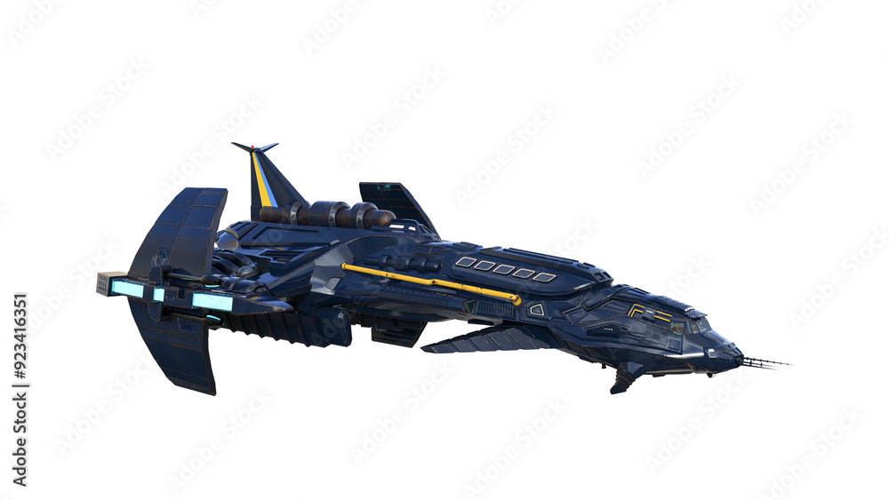 Poster Large science fiction fantasy space ship in flight with lights on the side. Isolated 3D render.