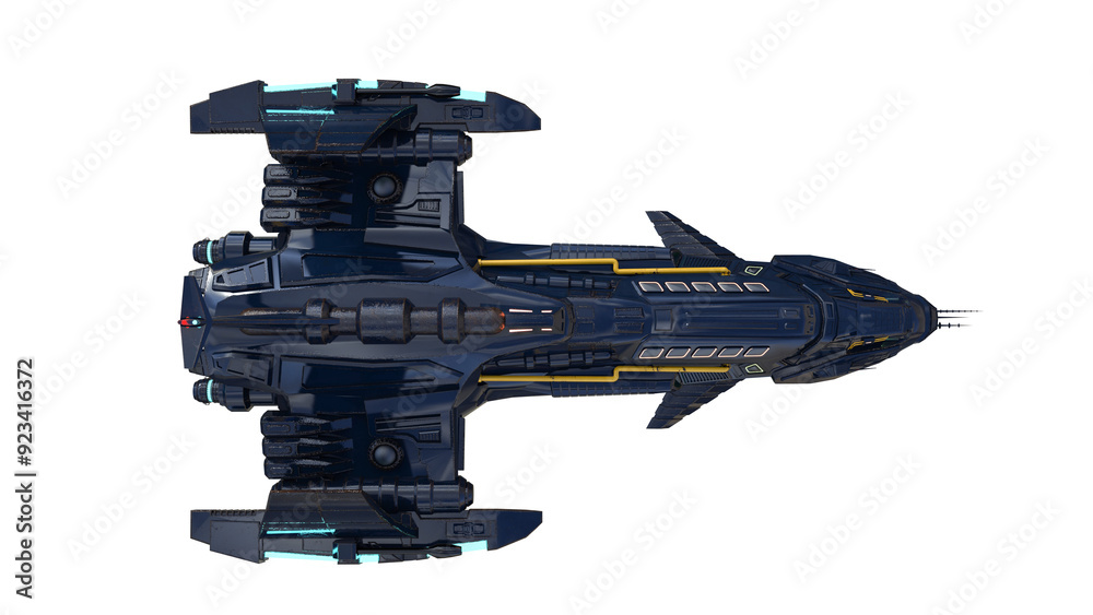 Poster top view of large science fiction fantasy space ship. isolated 3d render.
