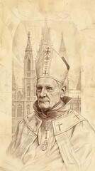 Fototapeta premium The painting of St. Hugh of Lincoln in Bishop's Robes, 12th-Century English Cathedral, Biblical Illustration, Beige Background, Copyspace