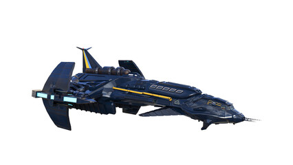 Large science fiction fantasy space ship in flight with lights on the side. Isolated 3D render. © IG Digital Arts