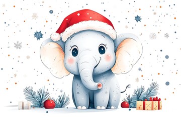 A cute baby elephant wearing a Santa hat enjoys the festive Christmas atmosphere.