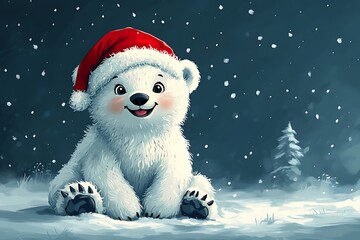 Fototapeta premium A happy polar bear in a Santa hat enjoys the snowy Christmas atmosphere.