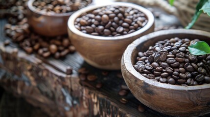 Fototapeta premium Bowl of roasted coffee beans in a rustic wooden setting