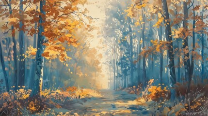 A tranquil autumn forest scene with a pathway, tall trees, and golden leaves capturing the serene and vibrant essence of the fall season.