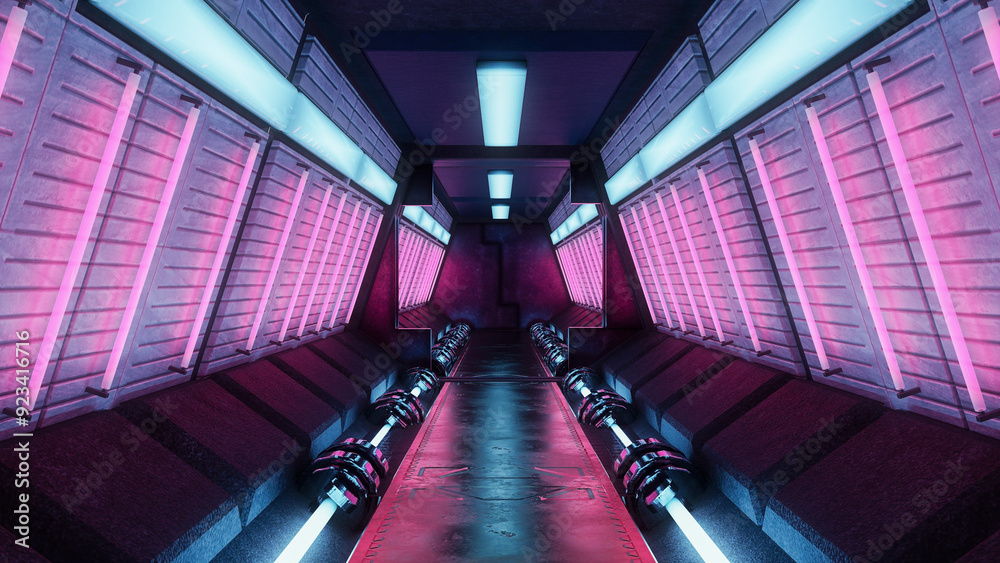 Poster Futuristic cyberpunk space station or spaceship interior tunnel. Science fiction concept 3D rendering..