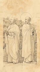 Fototapeta premium The painting of St. Cosmas and Damian Practicing Medicine in 3rd-Century Roman Village, Biblical Illustration, Beige Background, Copyspace