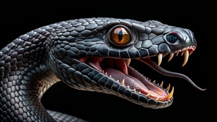 Menacing black snake head with open jaws and piercing eyes stares intensely, its scaly body coiled and ready to strike, isolated on a dark background.