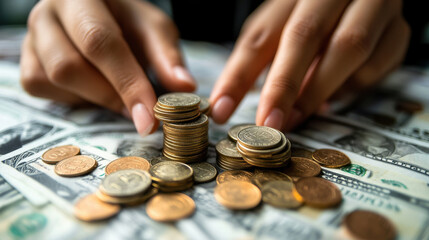 Close-up of hands organizing and stacking bills with coins on a surface. The focus is on the process of 