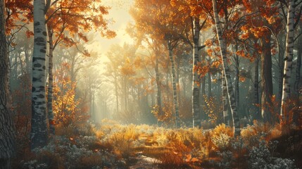 A serene autumn forest scene with golden-orange foliage, sunlight piercing through the mist, and a carpet of leaves on a tranquil forest path.