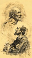 Fototapeta premium The painting of St. Ignatius of Loyola in Prayer, Vision of Christ, Biblical Illustration, Beige Background, Copyspace