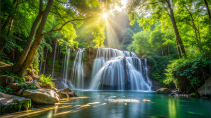 Fototapeta premium Waterfall in a green forest during the day