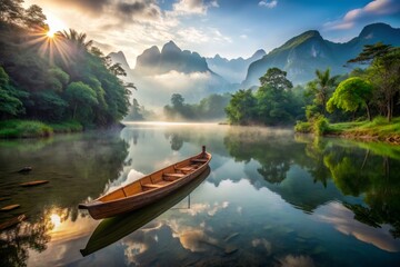 Serene misty morning scene of traditional wooden canoe partially submerged in calm river waters surrounded by lush greenery and majestic towering mountains.