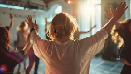 People dancing joyfully in a sunlit studio during a vibrant evening gathering