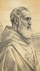 Fototapeta premium The painting of St. Damasus I in Papal Robes, 4th-Century Roman Basilica, Biblical Illustration, Beige Background, Copyspace