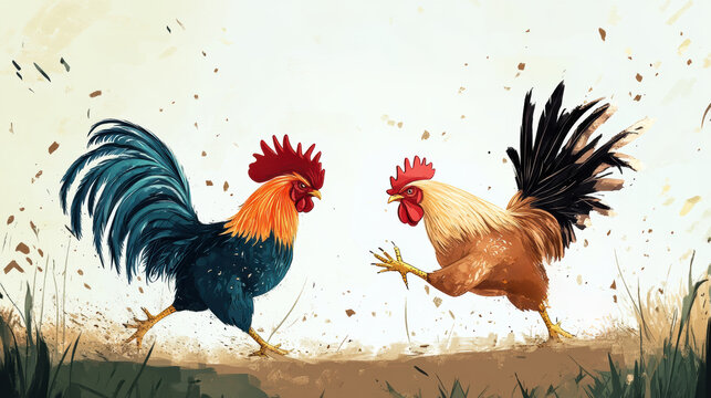Two roosters are fighting in a field with grass, AI