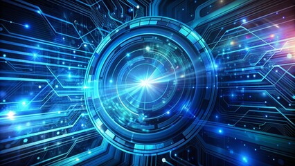 Fototapeta premium Futuristic abstract blue digital background with swirling circuits, wires, and glitch effects, representing advanced technology and innovative progress in a modern era.