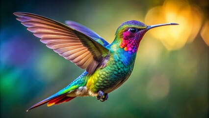 Fototapeta premium Vibrant, iridescent hummingbird in suspended motion, wings beating rapidly, capturing stunning, high-definition details, perfect for nature enthusiasts and ornithology fans.