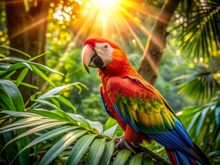 Vibrant macaw perched high in lush tropical rainforest canopy, squawking energetically, its bright plumage glistening in dappled sunlight filtering through dense foliage above.