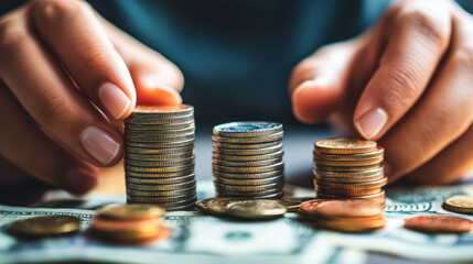 Close-up of hands stacking banknotes and coins on a table, with a focus on the details of the money. The scene highlights the process of organizing and increasing the amount of money.
