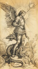The painting of St. Michael the Archangel Defeating the Dragon, Celestial Landscape, Biblical Illustration, Beige Background, Copyspace