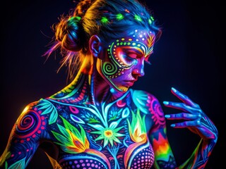Vibrant neon body paint design illuminates on black background, abstract glowing patterns and shapes created with UV responsive paint, mesmerizing futuristic aesthetic.