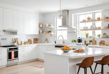 A modern white kitchen with polished wooden floors and elegant white cabinets, exuding cleanliness and simplicity.