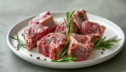 Freshly prepared lamb chops garnished with rosemary on a white plate