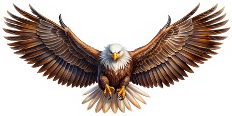 Fototapeta premium Majestic eagle illustration with outstretched wings and sharp talons on a pristine white background, perfect for logos, icons, and designs that evoke strength and freedom.