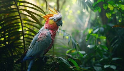 Vibrant parrot perched on a branch in a lush rainforest during golden hour
