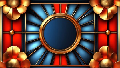 Abstract Geometric Pattern with Golden Flowers and a Circular Frame