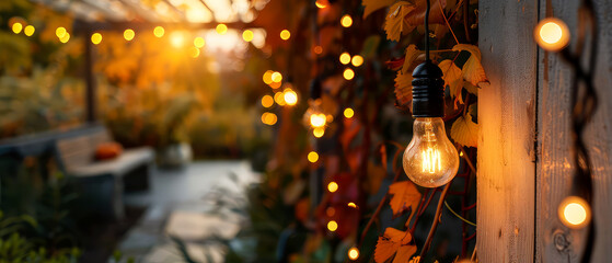 Cozy porch of suburban house decorated street garlands, lamp bulbs, lights, colorful autumn leaves....